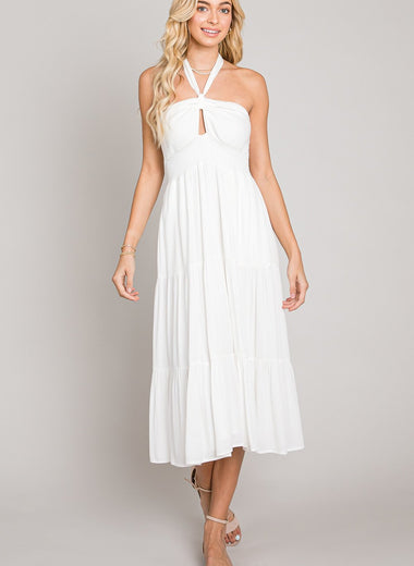 White Smocked Bodice Halter Dress